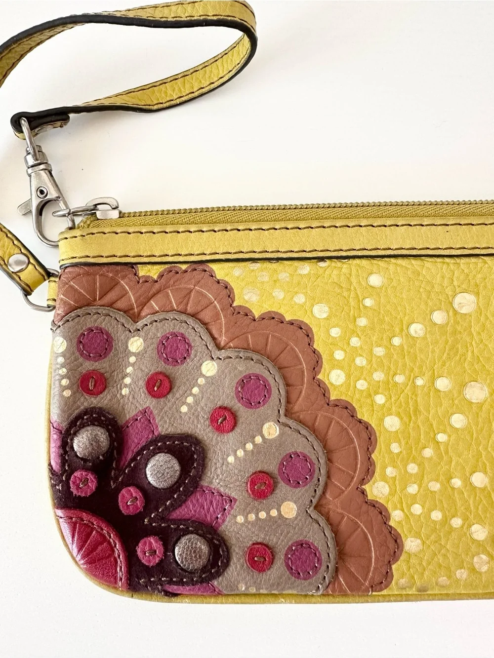Fossil Chartreuse Leather Wristlet Clutch Applique Boho